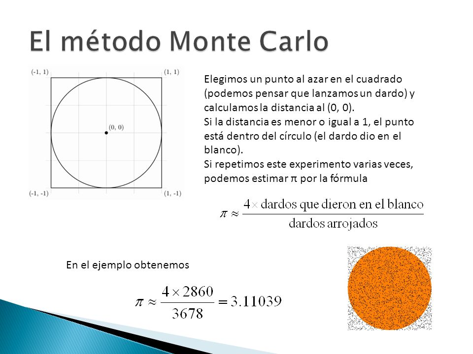 El método Monte Carlo Elegimos un punto al azar en el cuadrado (podemos pensar que lanzamos un dardo) y calculamos la distancia al (0, 0).