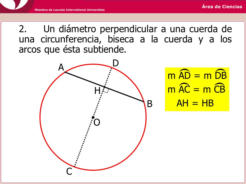 2. Un diámetro perpendicular a una cuerda de una circunferencia, biseca a la cuerda y a los arcos que ésta subtiende.