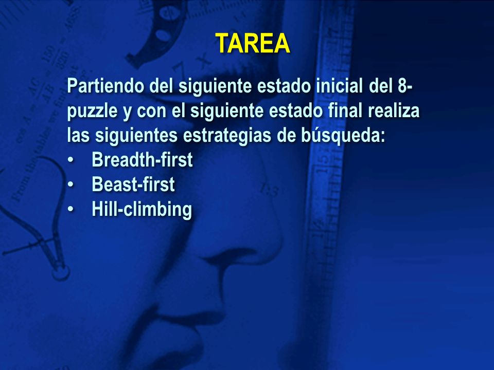 TAREA Partiendo del siguiente estado inicial del 8-puzzle y con el siguiente estado final realiza las siguientes estrategias de búsqueda: