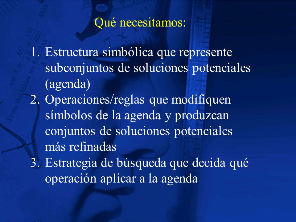 Qué necesitamos: Estructura simbólica que represente subconjuntos de soluciones potenciales (agenda)