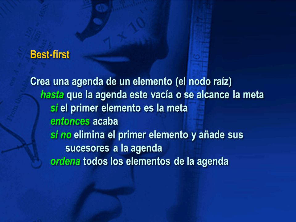 Best-first Crea una agenda de un elemento (el nodo raíz) hasta que la agenda este vacía o se alcance la meta.