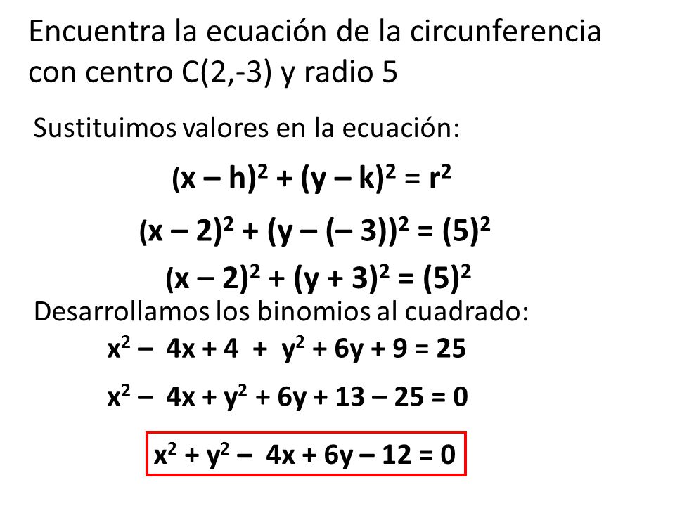 Encuentra la ecuación de la circunferencia con centro C(2,-3) y radio 5