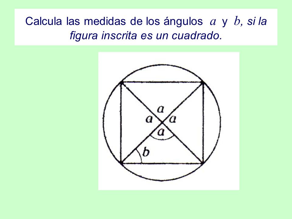 Calcula las medidas de los ángulos a y b, si la figura inscrita es un cuadrado.