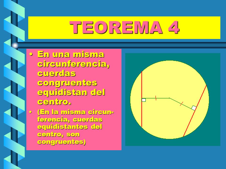 TEOREMA 4 En una misma circunferencia, cuerdas congruentes equidistan del centro.