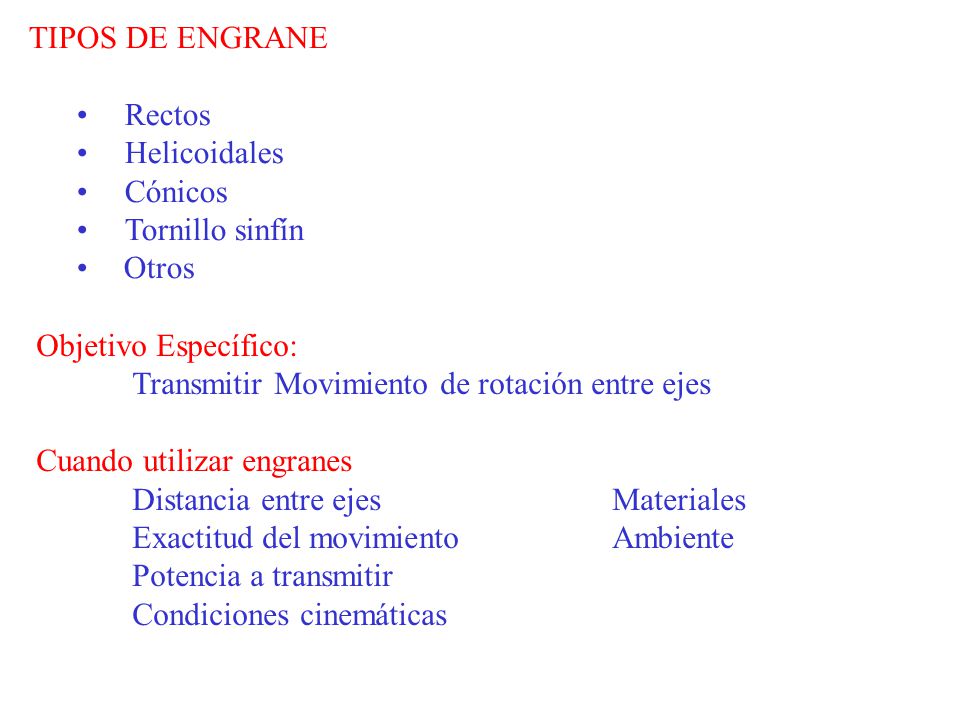 TIPOS DE ENGRANE Rectos. Helicoidales. Cónicos. Tornillo sinfín. Otros. Objetivo Específico: Transmitir Movimiento de rotación entre ejes.