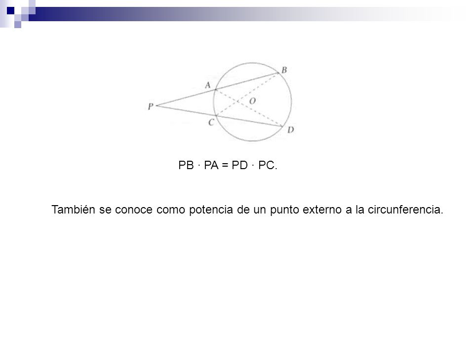 PB · PA = PD · PC. También se conoce como potencia de un punto externo a la circunferencia.