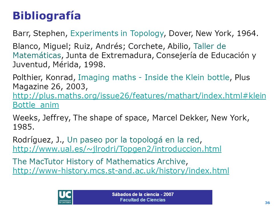 Bibliografía Barr, Stephen, Experiments in Topology, Dover, New York,