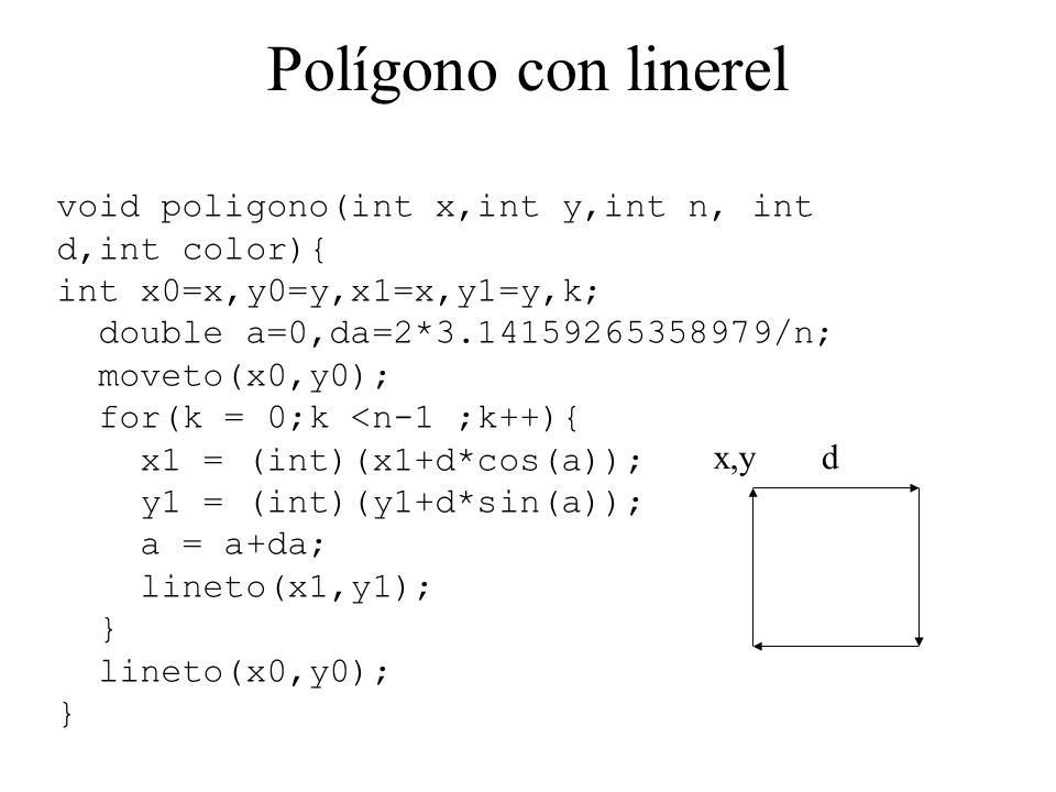 Polígono con linerel void poligono(int x,int y,int n, int d,int color){ int x0=x,y0=y,x1=x,y1=y,k;