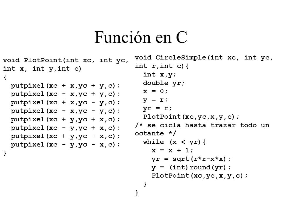 Función en C void CircleSimple(int xc, int yc, int r,int c){
