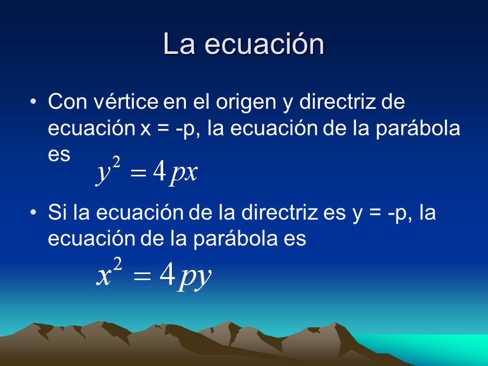 La ecuación Con vértice en el origen y directriz de ecuación x = -p, la ecuación de la parábola es.