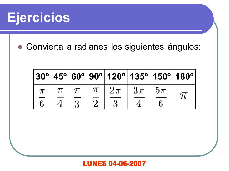 Ejercicios Convierta a radianes los siguientes ángulos: 30º. 45º. 60º. 90º. 120º. 135º. 150º.