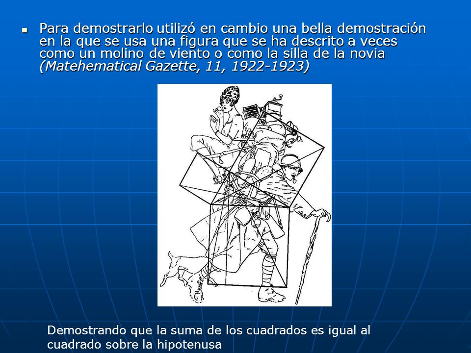 Para demostrarlo utilizó en cambio una bella demostración en la que se usa una figura que se ha descrito a veces como un molino de viento o como la silla de la novia (Matehematical Gazette, 11, )