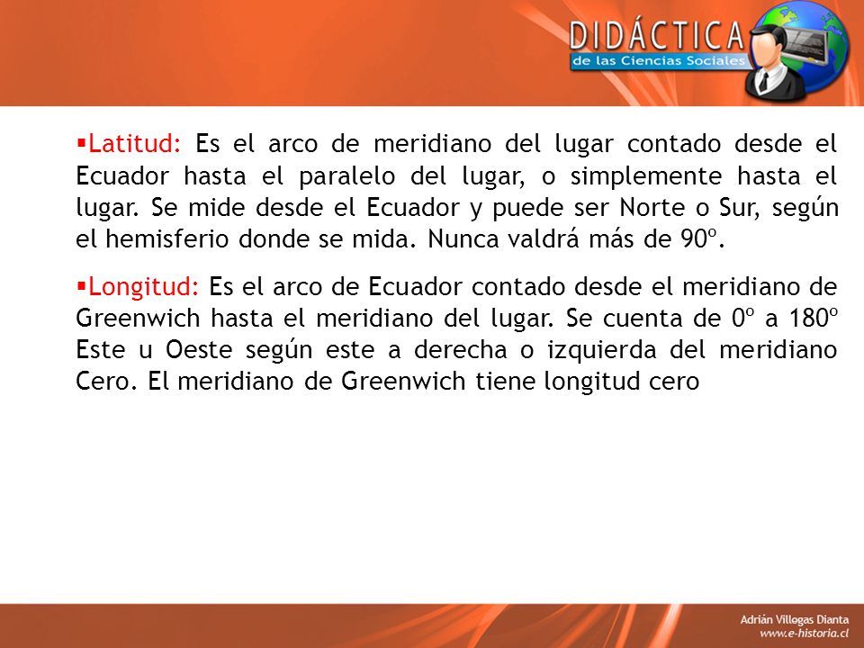 Latitud: Es el arco de meridiano del lugar contado desde el Ecuador hasta el paralelo del lugar, o simplemente hasta el lugar. Se mide desde el Ecuador y puede ser Norte o Sur, según el hemisferio donde se mida. Nunca valdrá más de 90º.