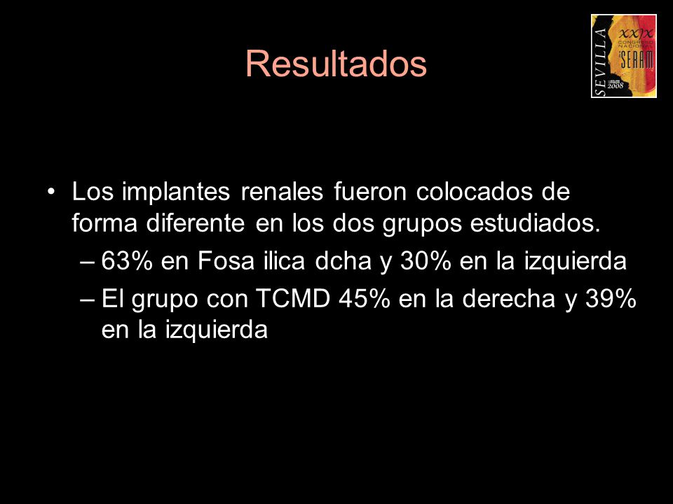 Resultados Los implantes renales fueron colocados de forma diferente en los dos grupos estudiados. 63% en Fosa ilica dcha y 30% en la izquierda.