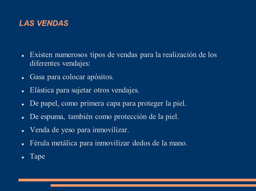 LAS VENDAS Existen numerosos tipos de vendas para la realización de los diferentes vendajes: Gasa para colocar apósitos.