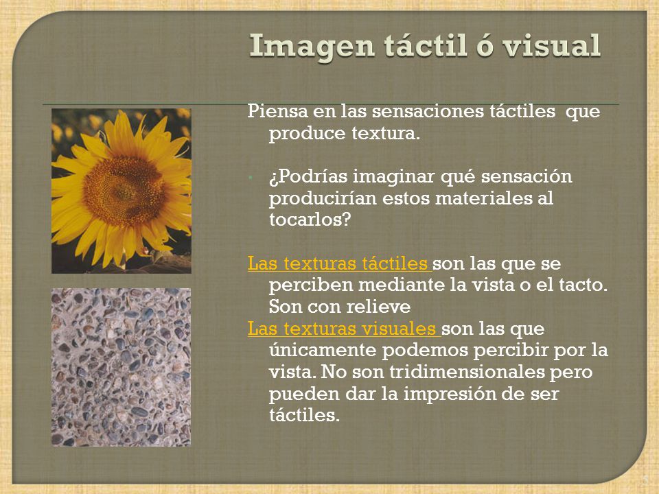 Imagen táctil ó visual Piensa en las sensaciones táctiles que produce textura.
