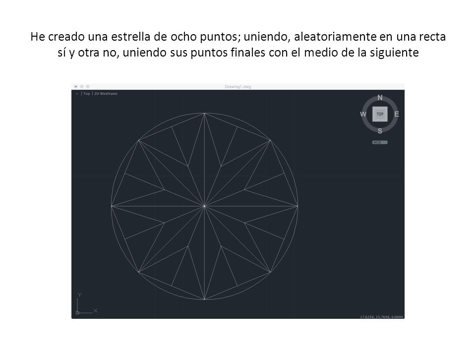 He creado una estrella de ocho puntos; uniendo, aleatoriamente en una recta sí y otra no, uniendo sus puntos finales con el medio de la siguiente