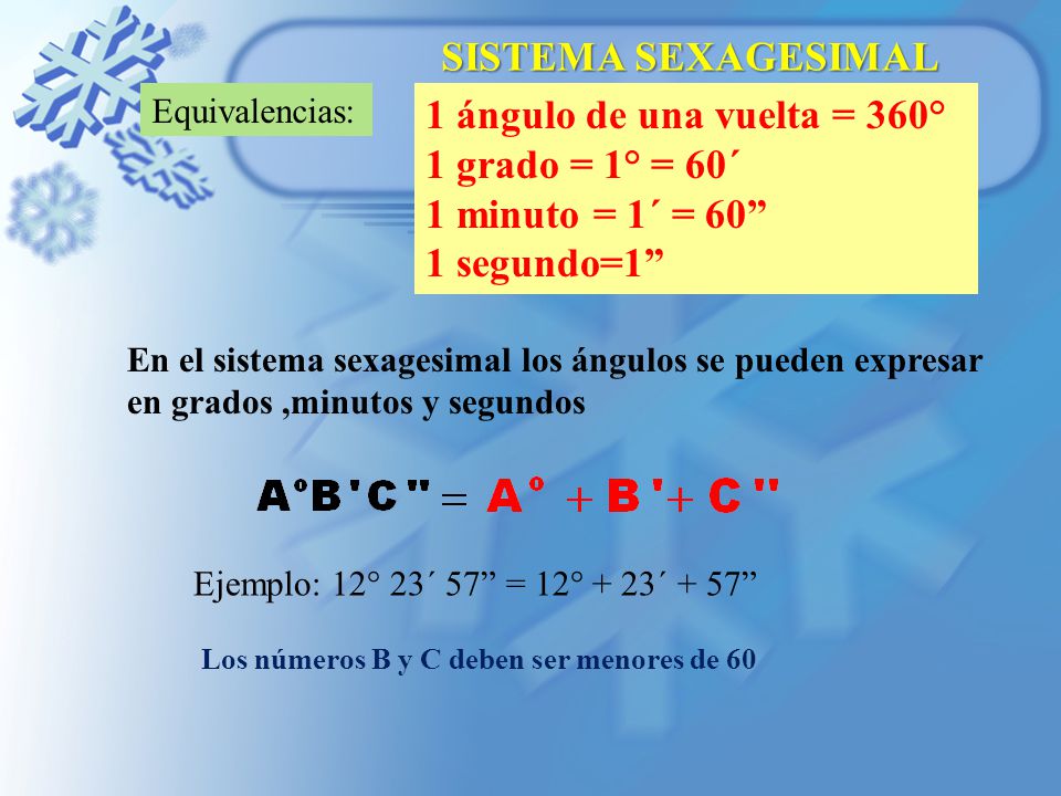 SISTEMA SEXAGESIMAL 1 ángulo de una vuelta = 360° 1 grado = 1° = 60´