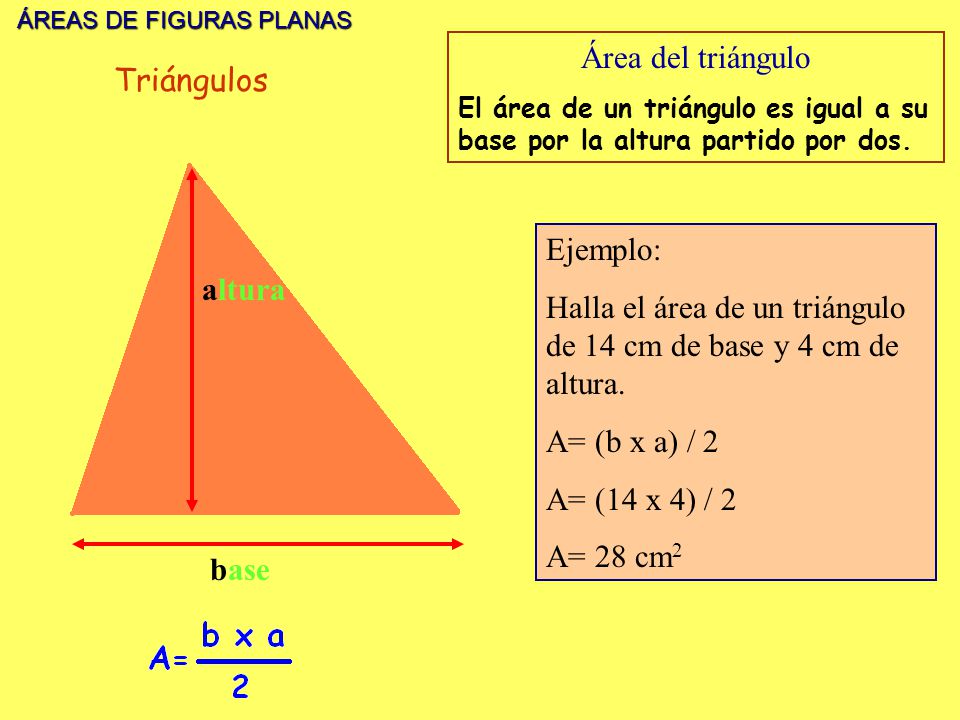 Halla el área de un triángulo de 14 cm de base y 4 cm de altura.