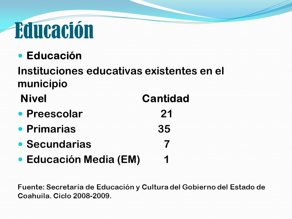 Educación Educación. Instituciones educativas existentes en el municipio. Nivel Cantidad.