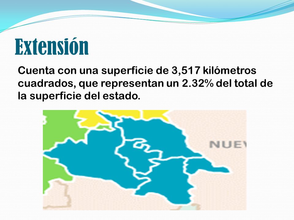 Extensión Cuenta con una superficie de 3,517 kilómetros cuadrados, que representan un 2.32% del total de la superficie del estado.