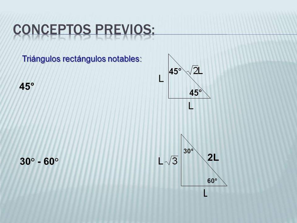 CONCEPTOS PREVIOS: 45° L 2L 30° - 60° Triángulos rectángulos notables:
