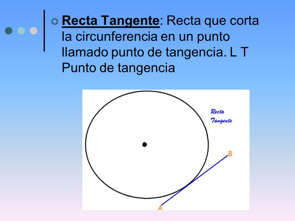 Recta Tangente: Recta que corta la circunferencia en un punto llamado punto de tangencia.