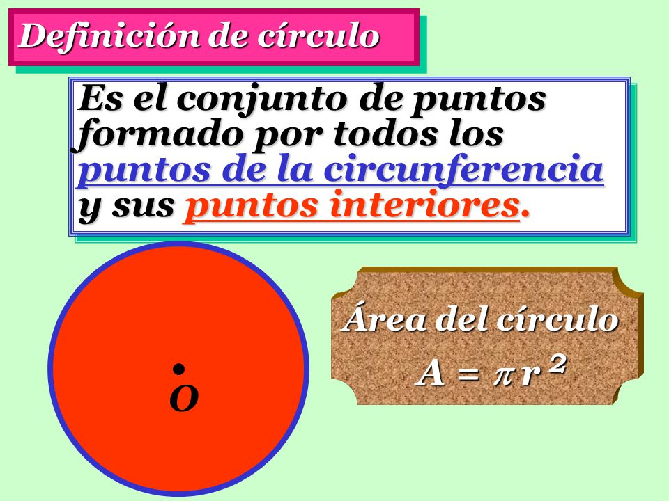 Definición de círculo Es el conjunto de puntos formado por todos los puntos de la circunferencia y sus puntos interiores.