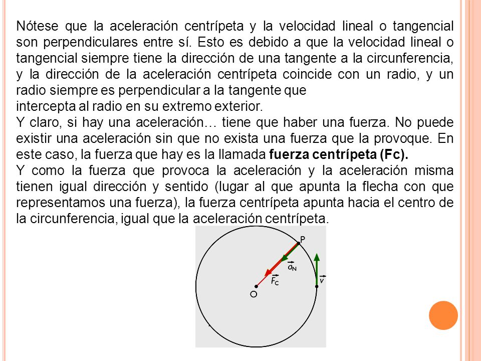 Nótese que la aceleración centrípeta y la velocidad lineal o tangencial son perpendiculares entre sí. Esto es debido a que la velocidad lineal o tangencial siempre tiene la dirección de una tangente a la circunferencia, y la dirección de la aceleración centrípeta coincide con un radio, y un radio siempre es perpendicular a la tangente que