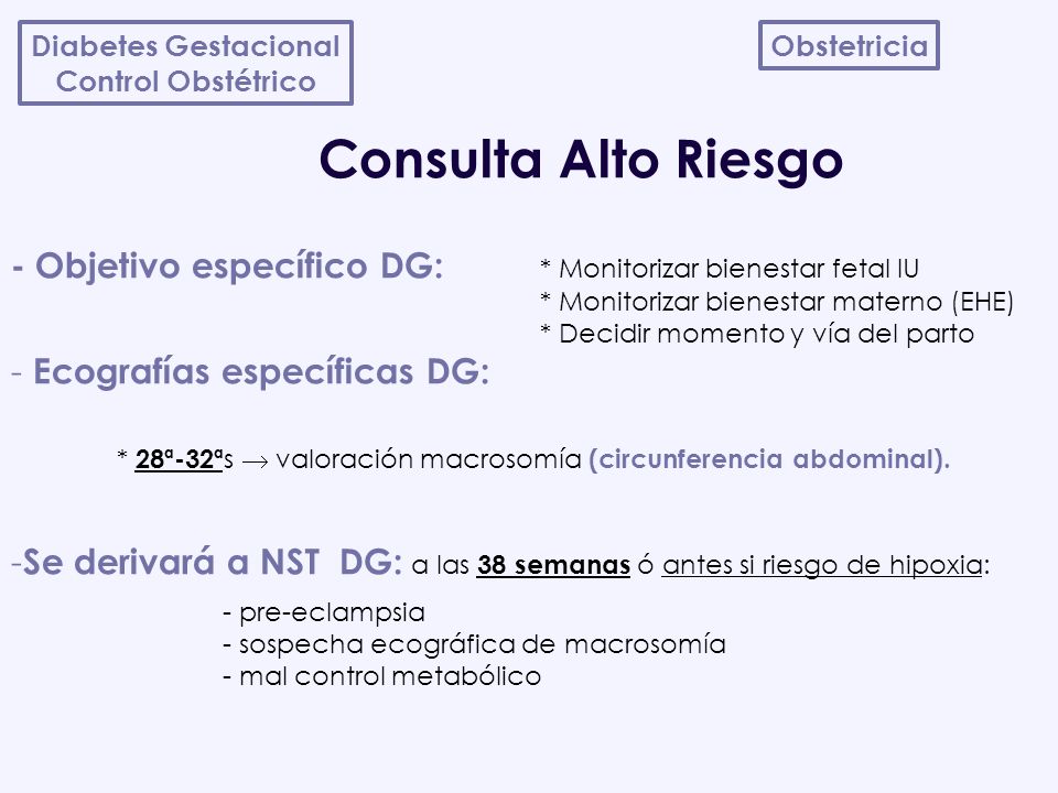 Diabetes Gestacional Control Obstétrico. Obstetricia. Consulta Alto Riesgo. - Objetivo específico DG: * Monitorizar bienestar fetal IU.