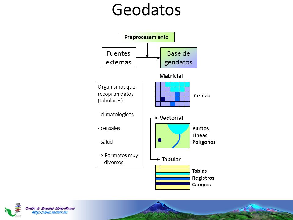 Geodatos Fuentes externas Base de geodatos Matricial Vectorial Tabular