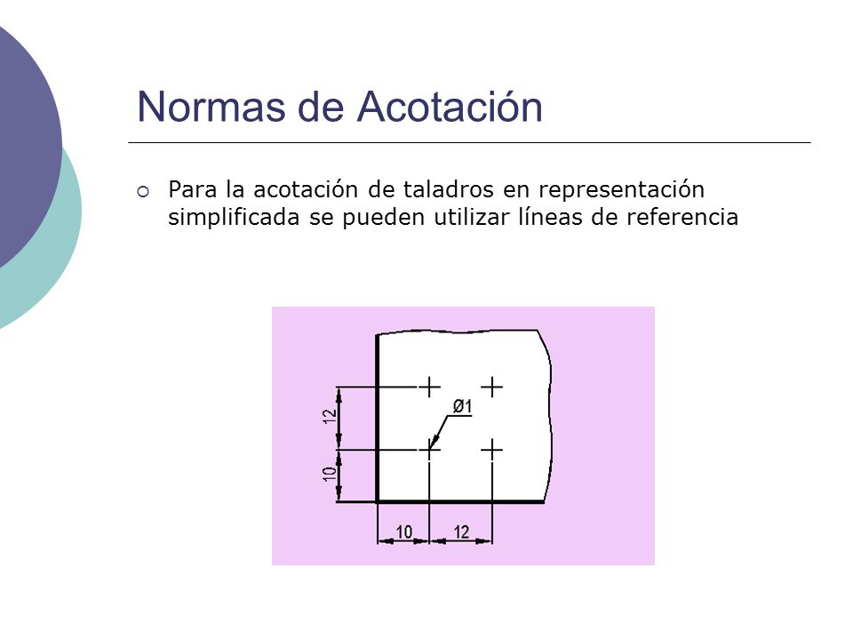 Normas de Acotación Para la acotación de taladros en representación simplificada se pueden utilizar líneas de referencia.