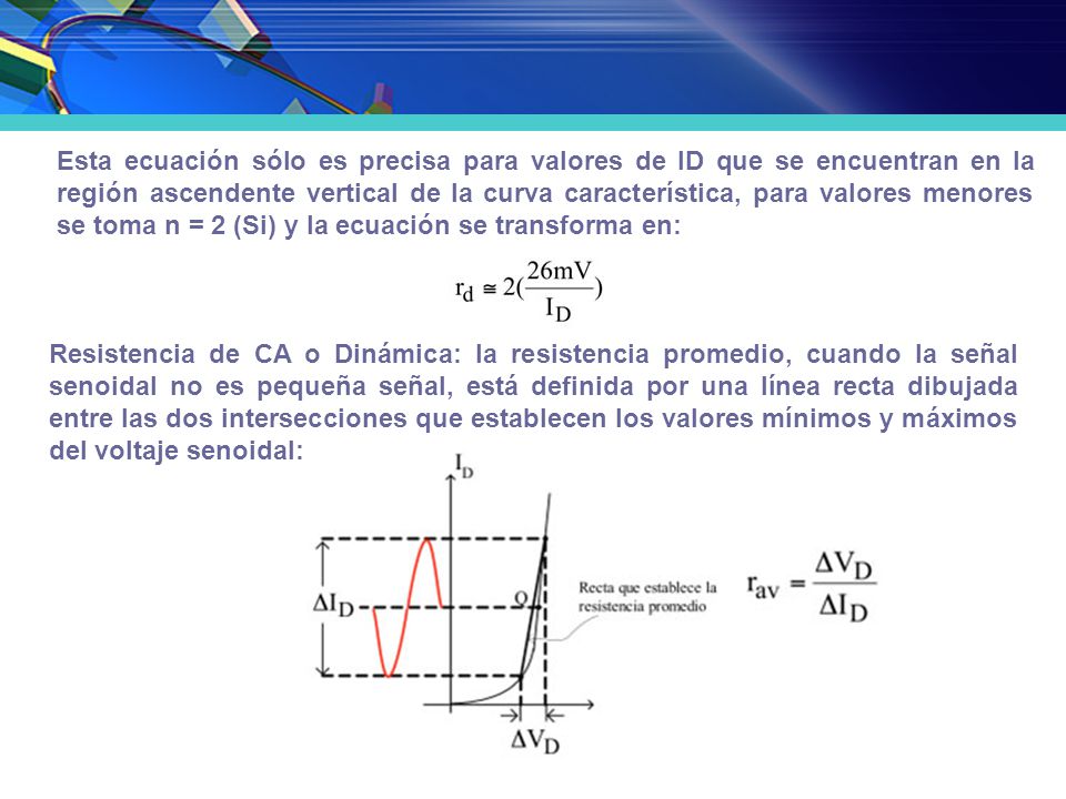 Esta ecuación sólo es precisa para valores de ID que se encuentran en la región ascendente vertical de la curva característica, para valores menores se toma n = 2 (Si) y la ecuación se transforma en: