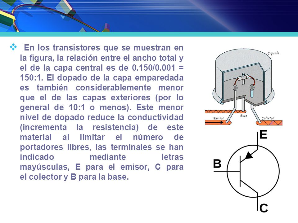 En los transistores que se muestran en la figura, la relación entre el ancho total y el de la capa central es de 0.150/0.001 = 150:1.