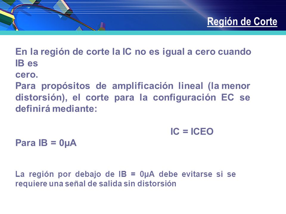 Región de Corte En la región de corte la IC no es igual a cero cuando IB es. cero.
