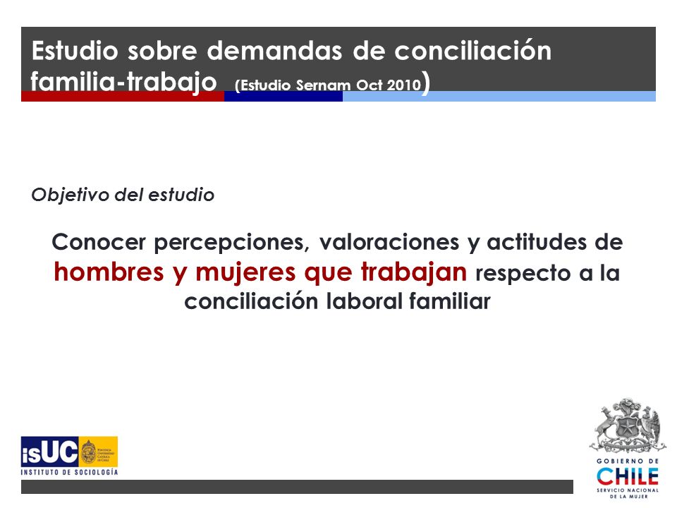 OBJETIVO GENERAL Estudio sobre demandas de conciliación familia-trabajo (Estudio Sernam Oct 2010) Objetivo del estudio.
