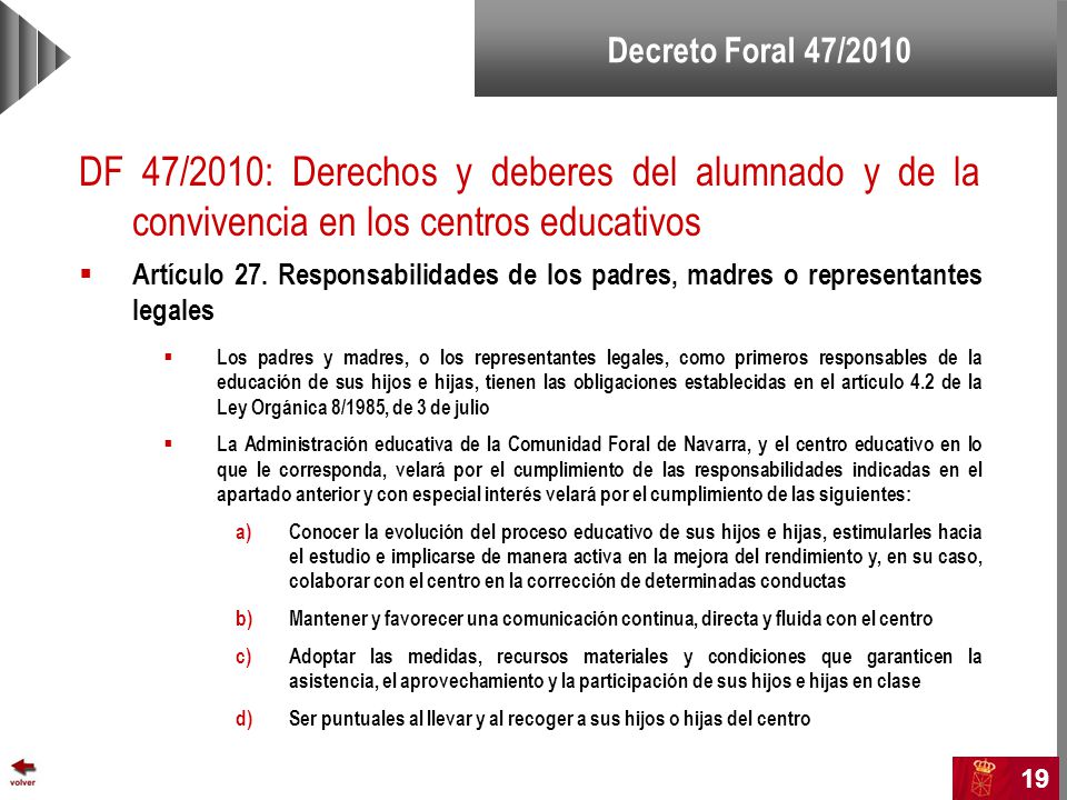 Decreto Foral 47/2010 DF 47/2010: Derechos y deberes del alumnado y de la convivencia en los centros educativos.