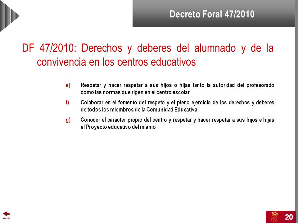 Decreto Foral 47/2010 DF 47/2010: Derechos y deberes del alumnado y de la convivencia en los centros educativos.