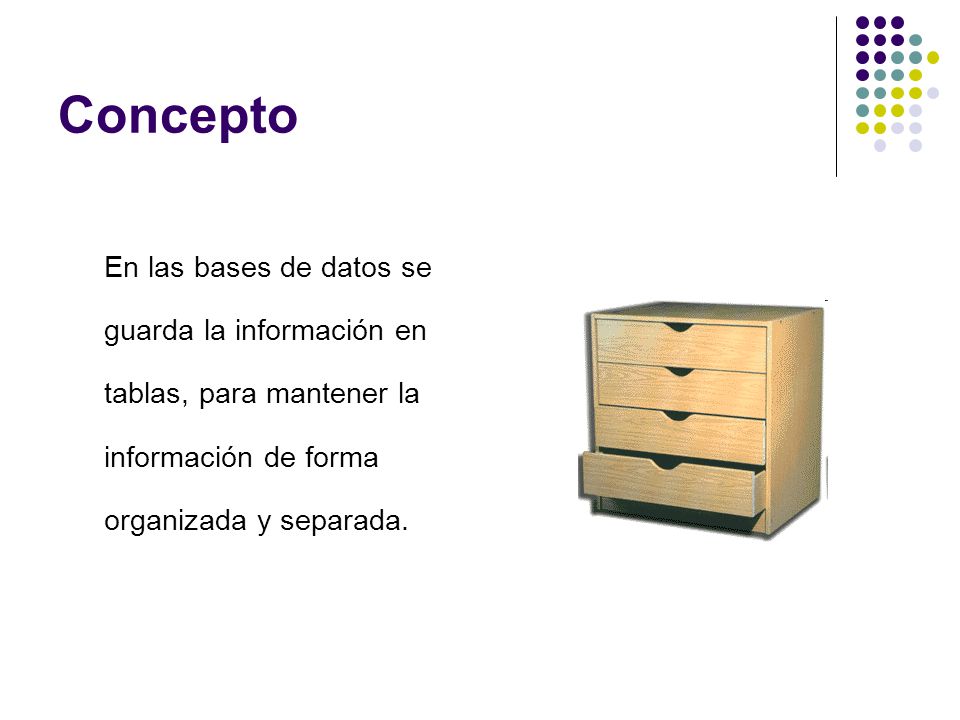 Concepto En las bases de datos se guarda la información en tablas, para mantener la información de forma organizada y separada.