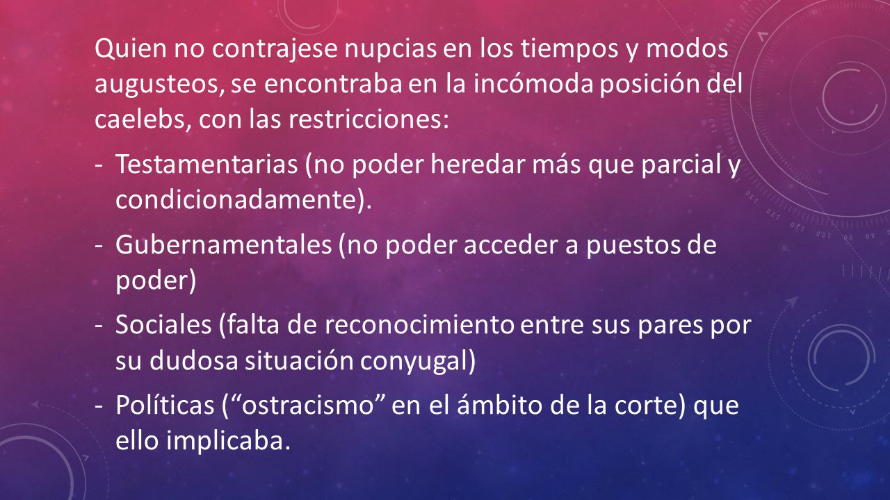 Quien no contrajese nupcias en los tiempos y modos augusteos, se encontraba en la incómoda posición del caelebs, con las restricciones: