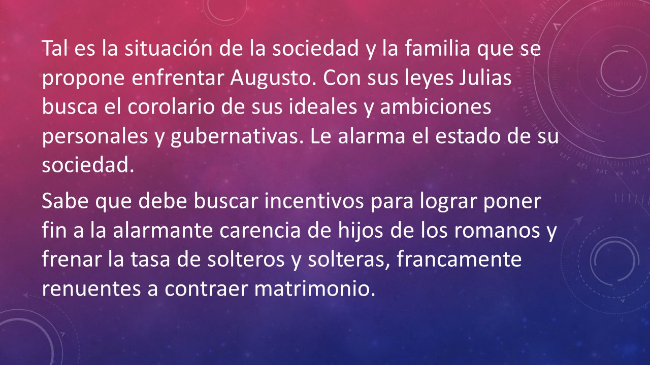 Tal es la situación de la sociedad y la familia que se propone enfrentar Augusto. Con sus leyes Julias busca el corolario de sus ideales y ambiciones personales y gubernativas. Le alarma el estado de su sociedad.