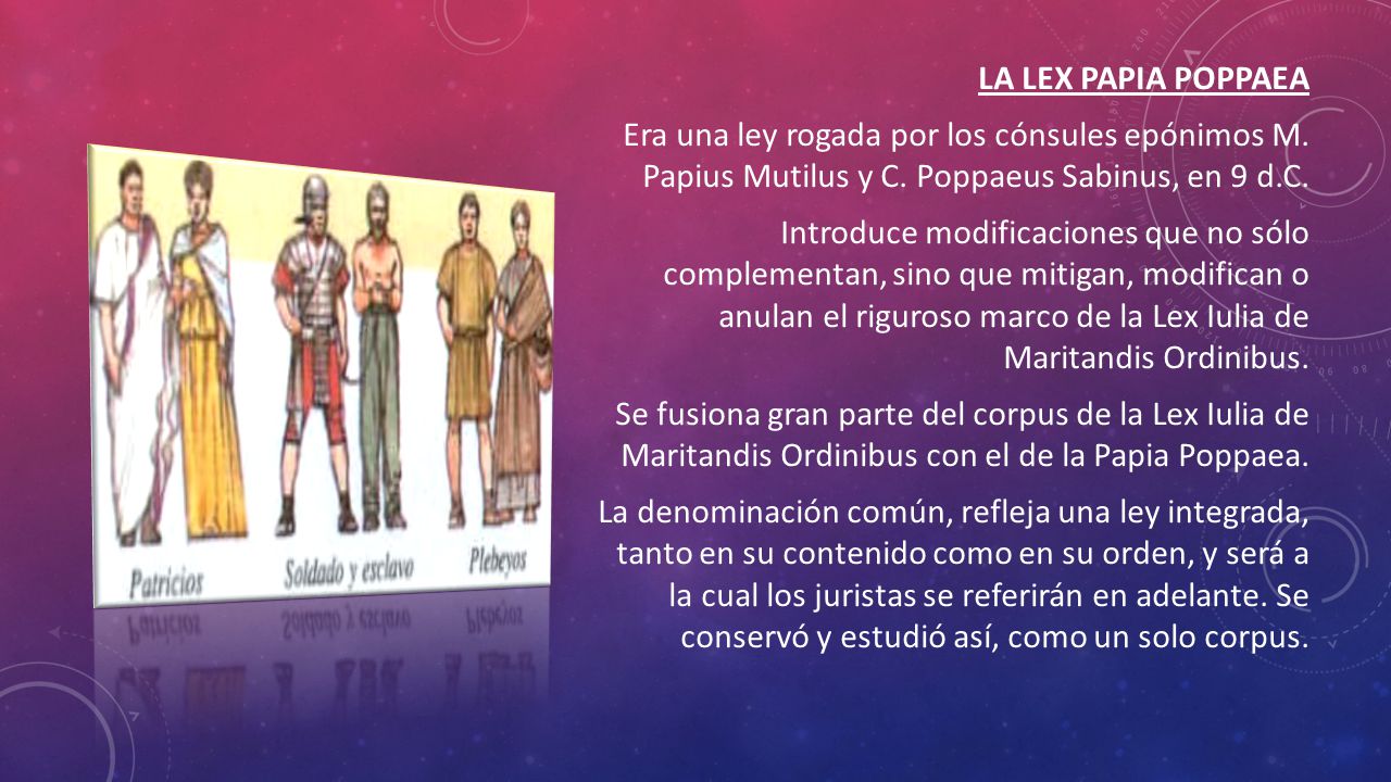 LA LEX PAPIA POPPAEA Era una ley rogada por los cónsules epónimos M
