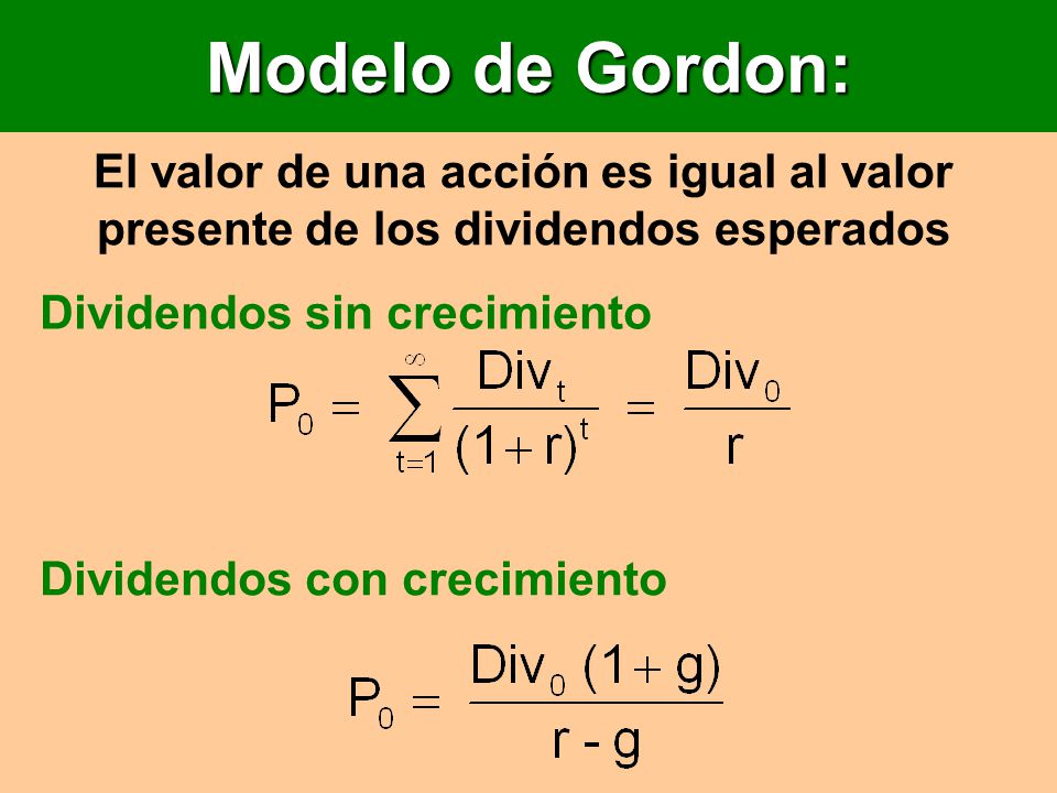 Modelo de Gordon: El valor de una acción es igual al valor presente de los dividendos esperados. Dividendos sin crecimiento.