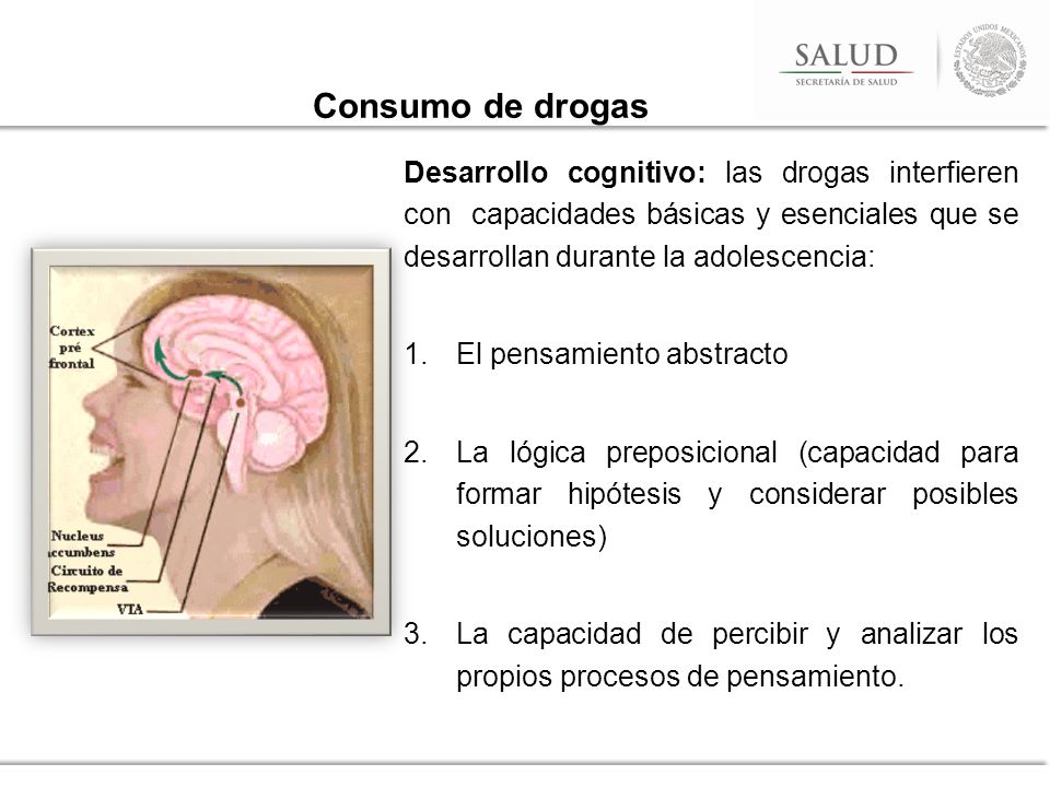 Consumo de drogas Desarrollo cognitivo: las drogas interfieren con capacidades básicas y esenciales que se desarrollan durante la adolescencia: