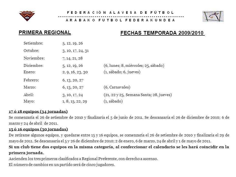 PRIMERA REGIONAL FECHAS TEMPORADA 2009/2010 Setiembre: 5, 12, 19, 26