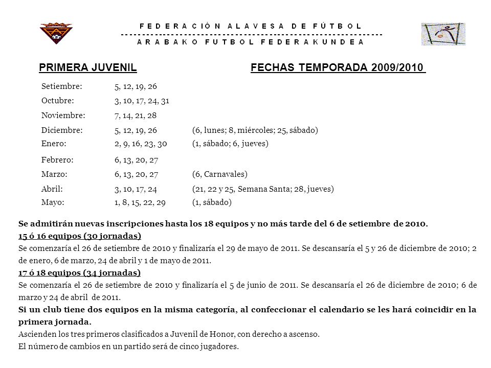 PRIMERA JUVENIL FECHAS TEMPORADA 2009/2010 Setiembre: 5, 12, 19, 26