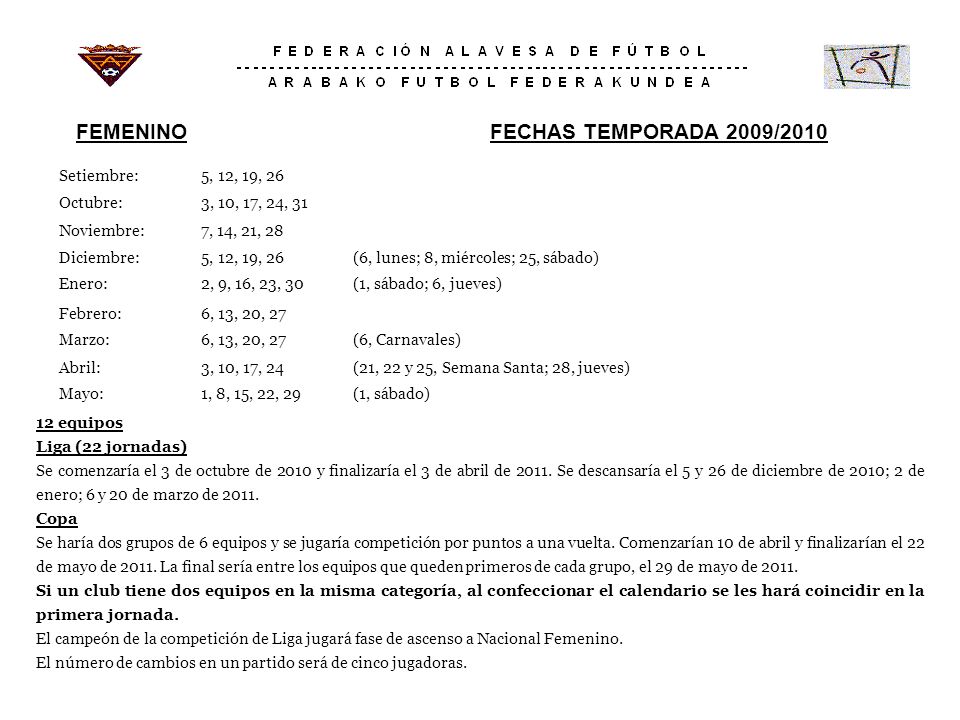 FEMENINO FECHAS TEMPORADA 2009/2010 Setiembre: 5, 12, 19, 26 Octubre: