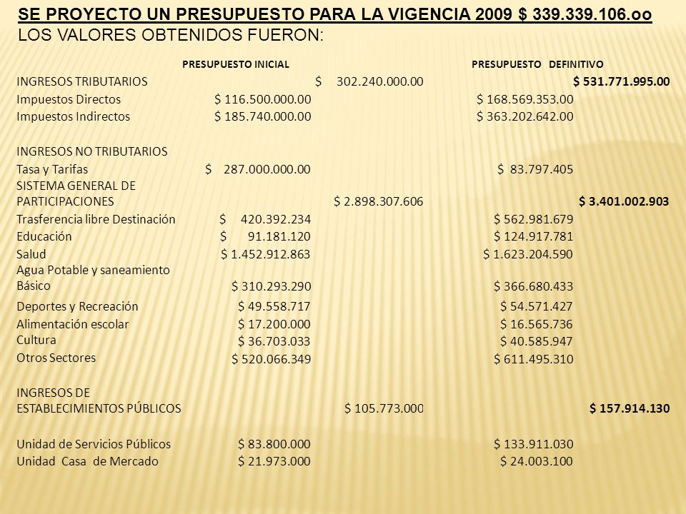 SE PROYECTO UN PRESUPUESTO PARA LA VIGENCIA 2009 $ oo