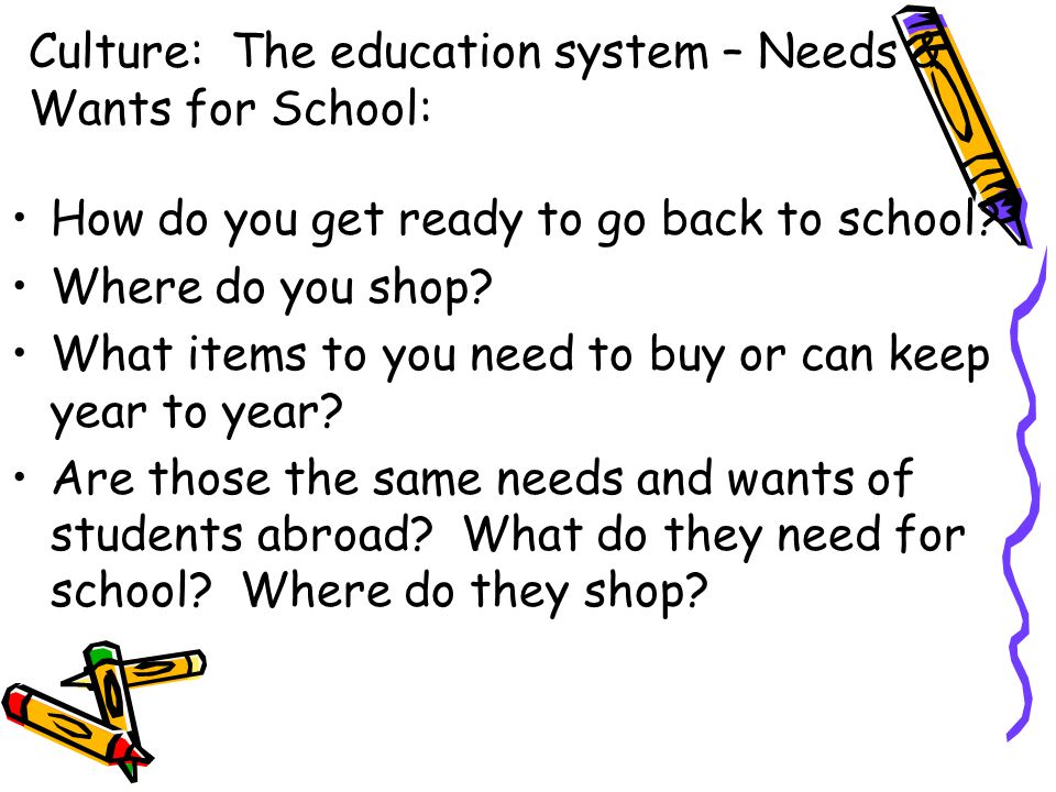 Culture: The education system – Needs & Wants for School: