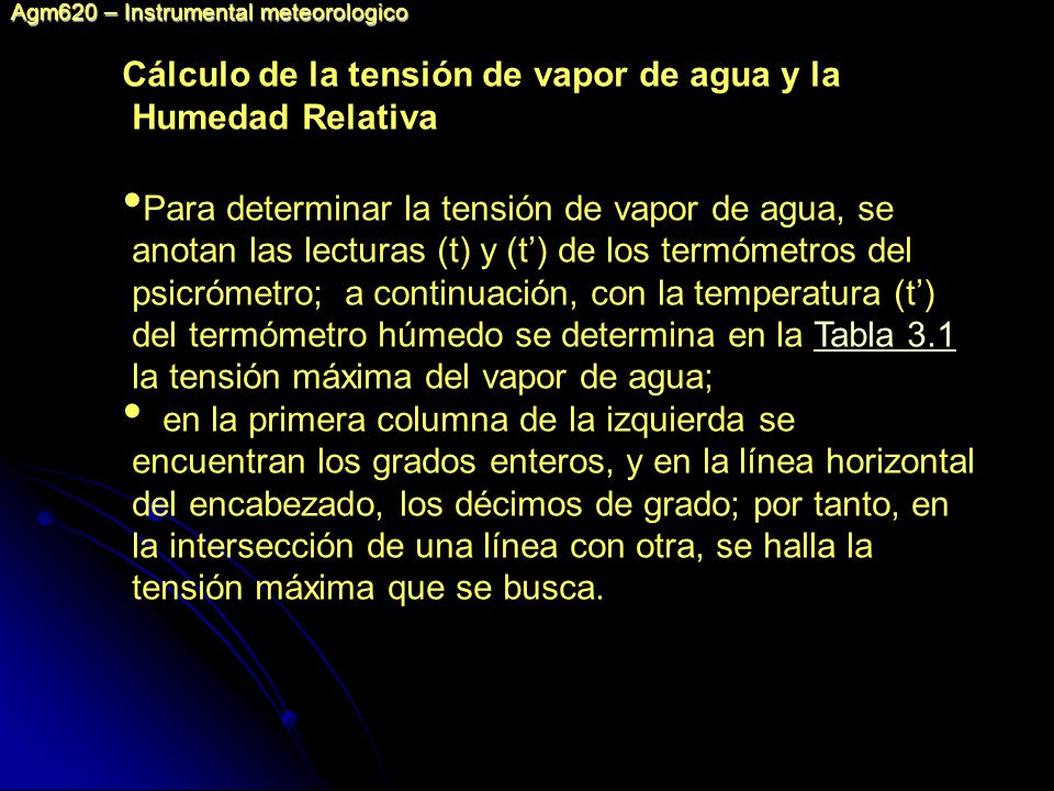 Cálculo de la tensión de vapor de agua y la Humedad Relativa